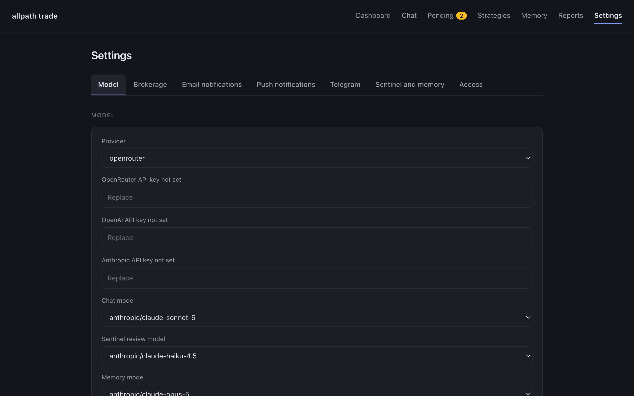 Settings: model dropdowns from a live catalog, per-channel notification tests, Telegram pairing, one Save.